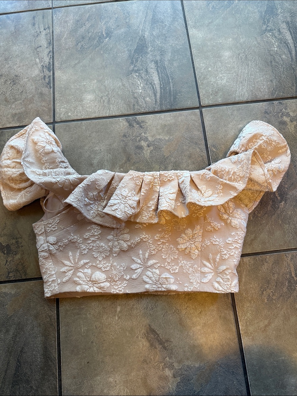 Soho Blush Floral Lace Ruffle Off-Shoulder Crop Top